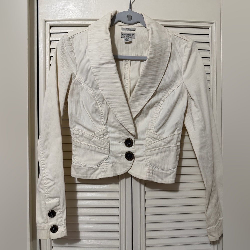 Guess Ivory Cropped Blazer with Button Detail